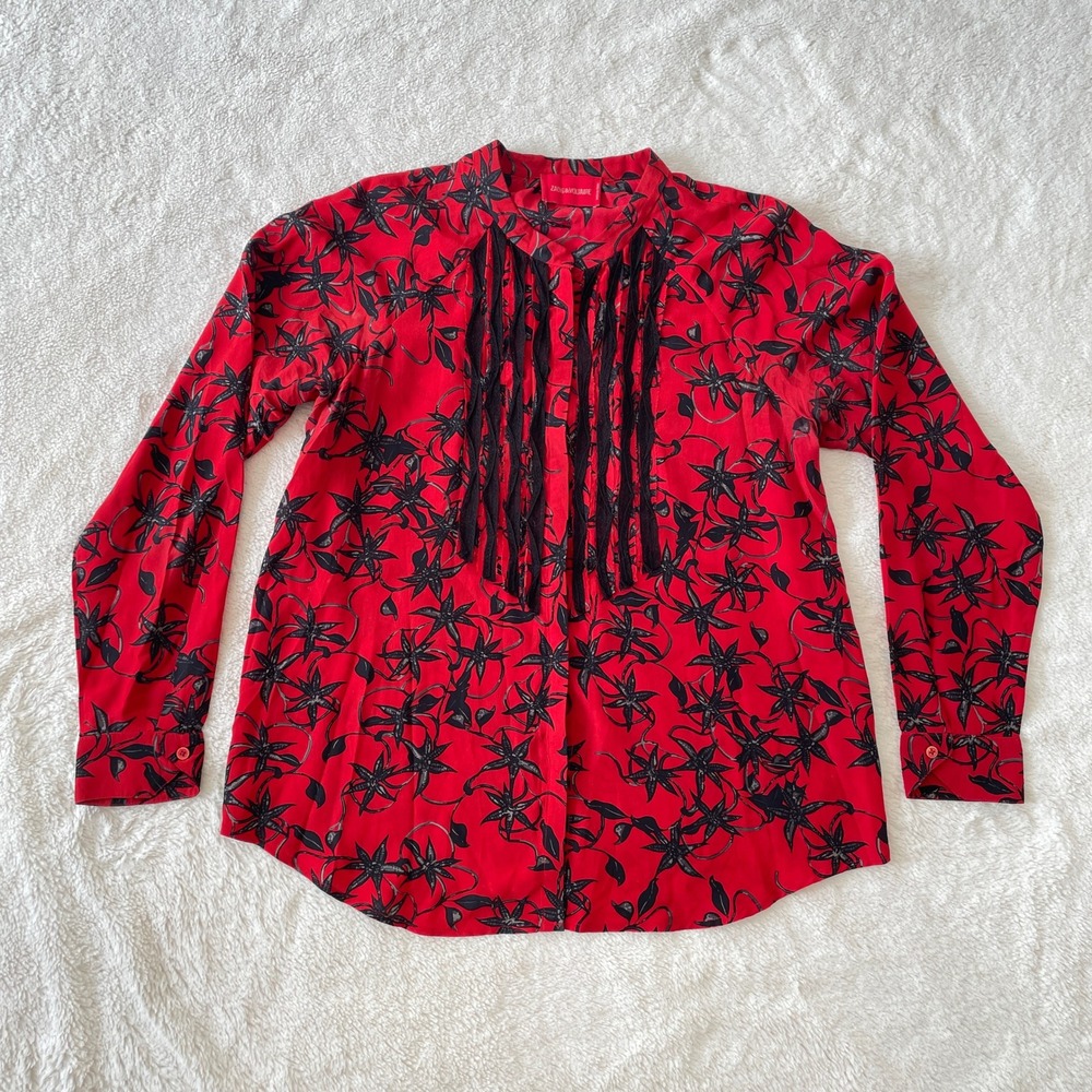 Zadig & Voltaire Silk Floral Chai Print Long Sleeve Blouse‎ Red Size Medium - Picture 2 of 14
